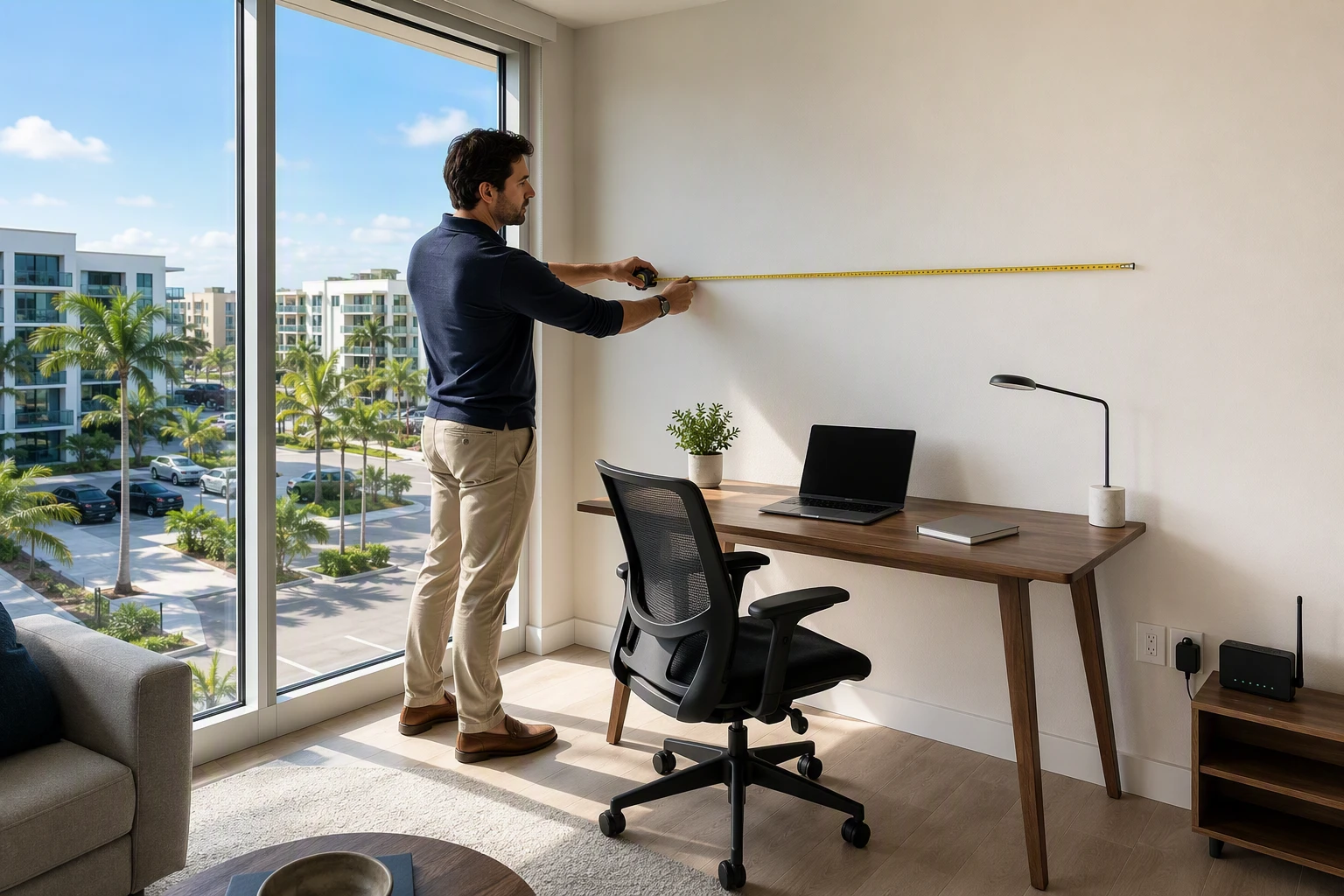 Professional testing home office desk near bright window