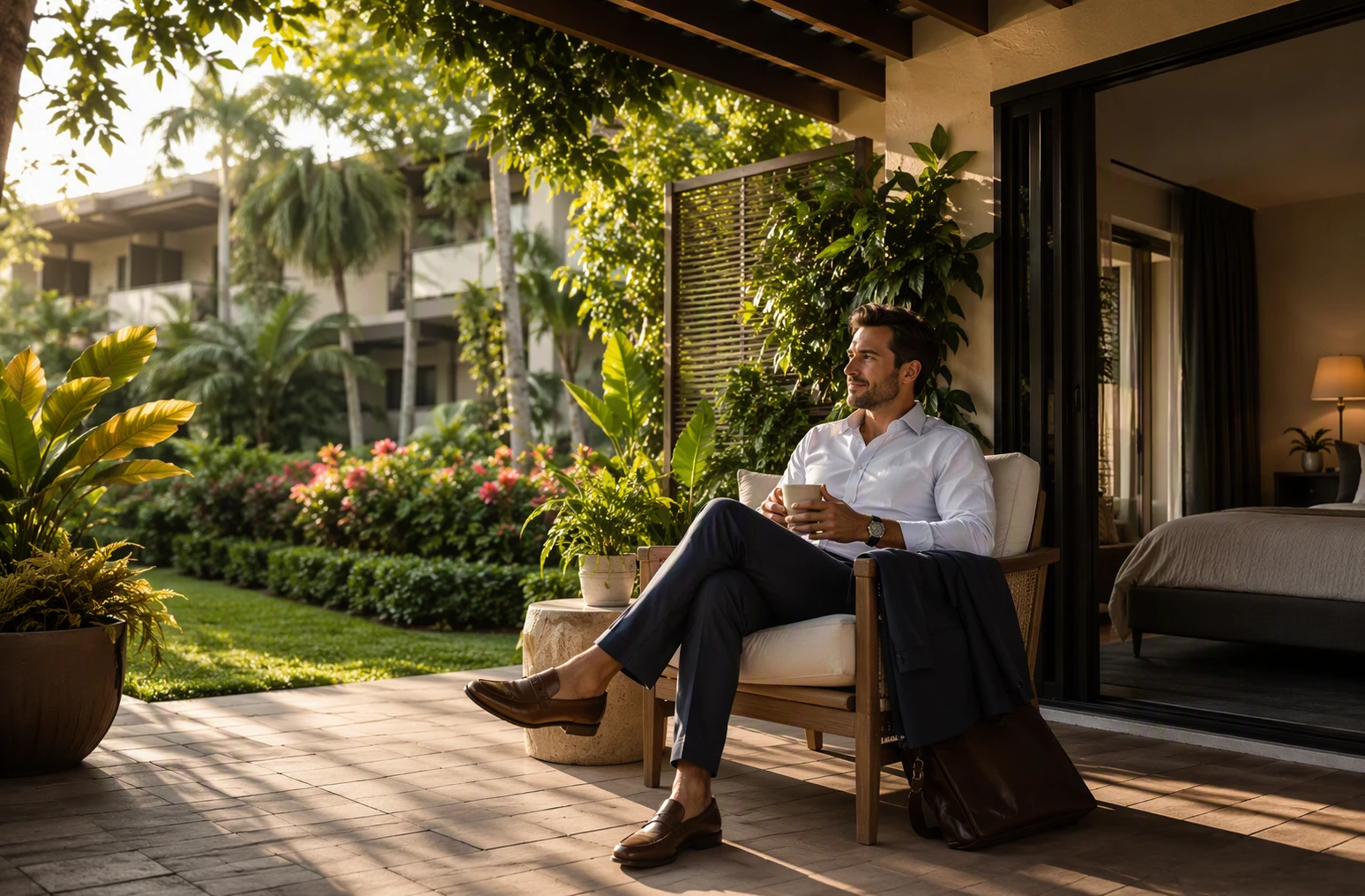 Shaded patio with professional relaxing after work