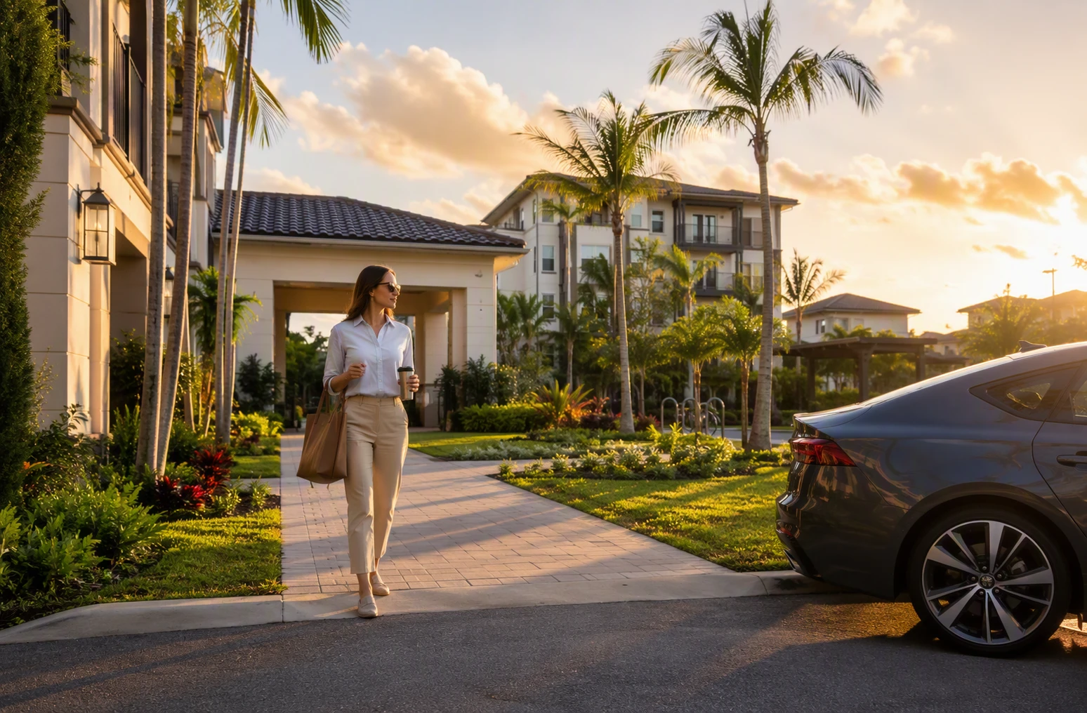 Young professional walks to car at sunrise