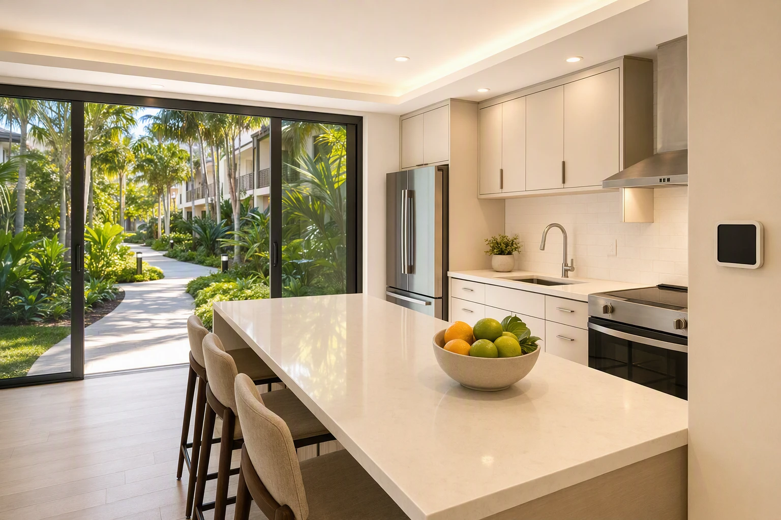 Bright kitchen opening to garden walkway