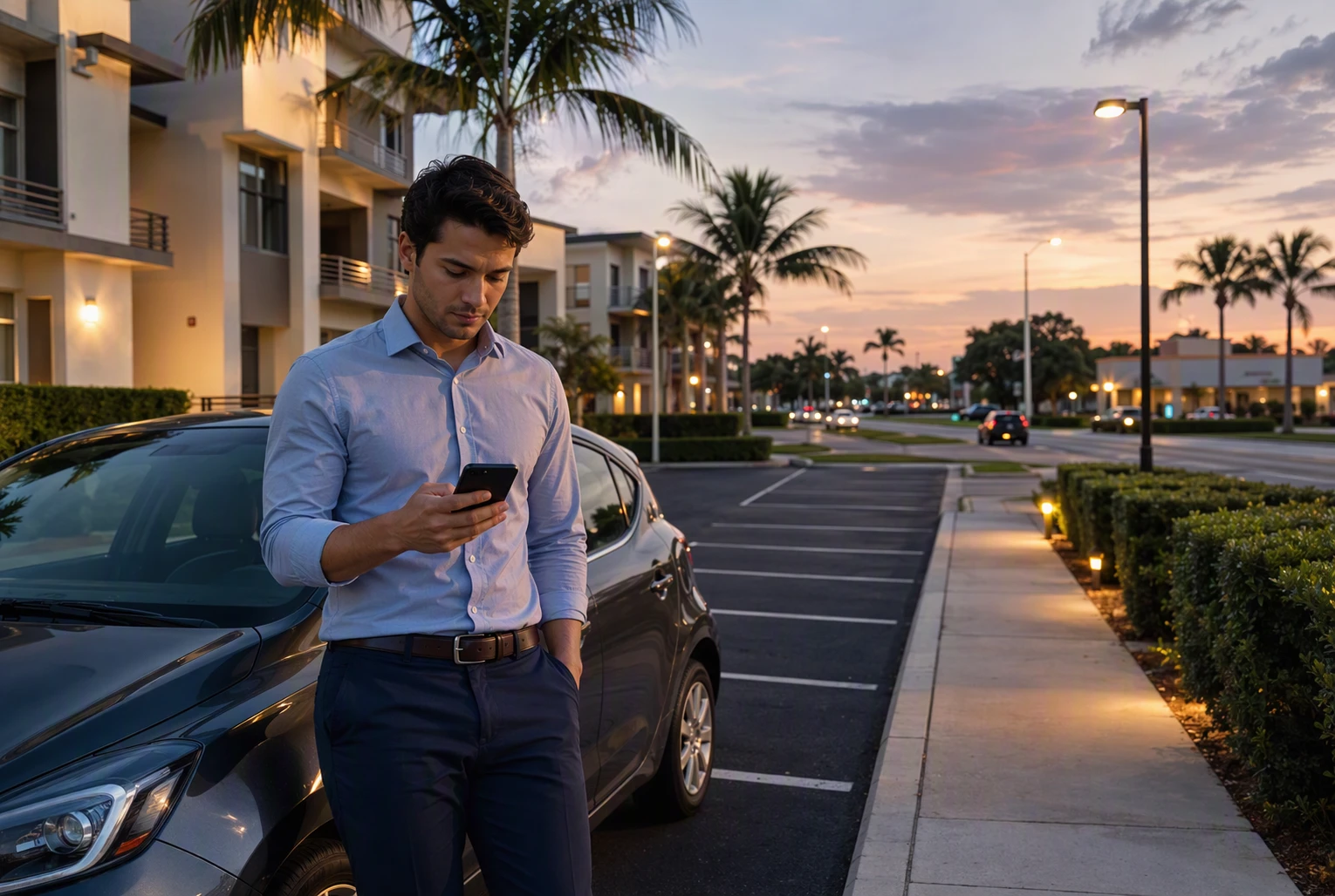 One-Bedroom Rentals in Boca Raton: What to Look For 7 Young professional checking commute time by car at dusk