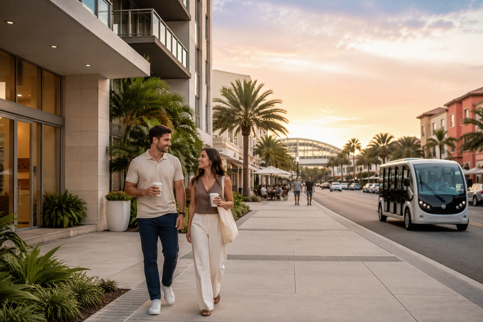 Couple walking toward downtown sunrise coffee shops