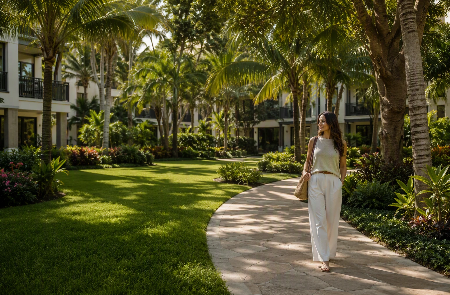 Resident strolling shaded garden path among palms