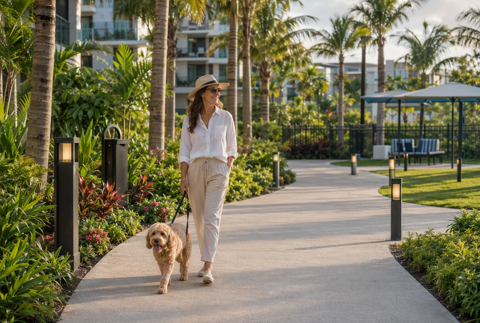 Resident walking dog along palm-lined luxury path