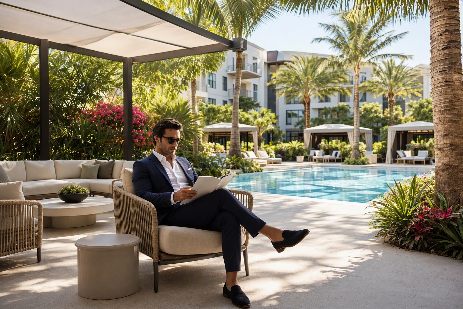 Palm-shaded poolside lounge with reading guest