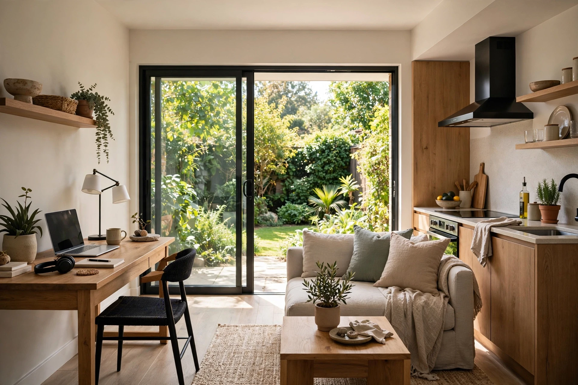 Sunlit one-bedroom apartment with garden view