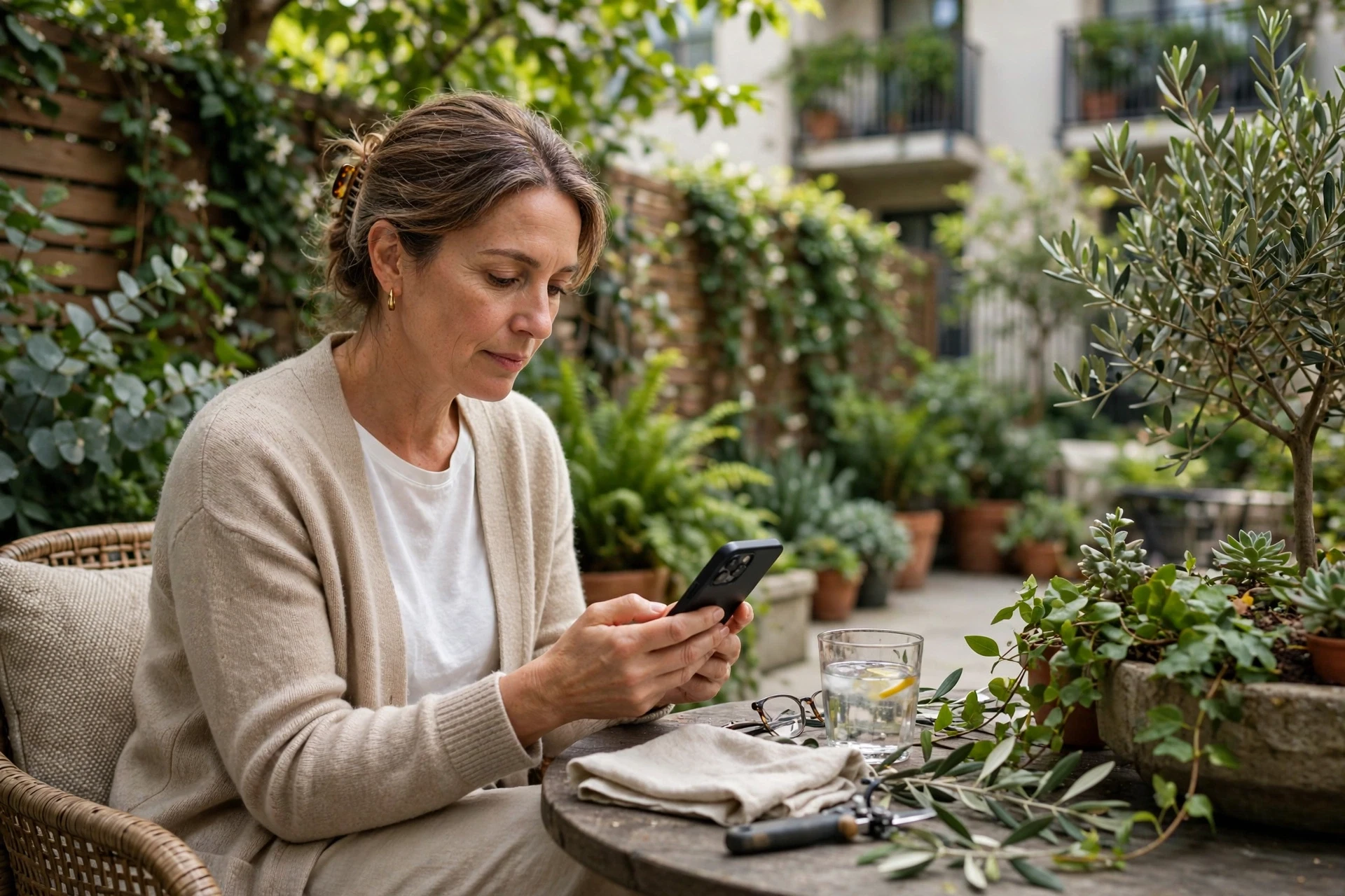Resident reading apartment reviews on leafy patio