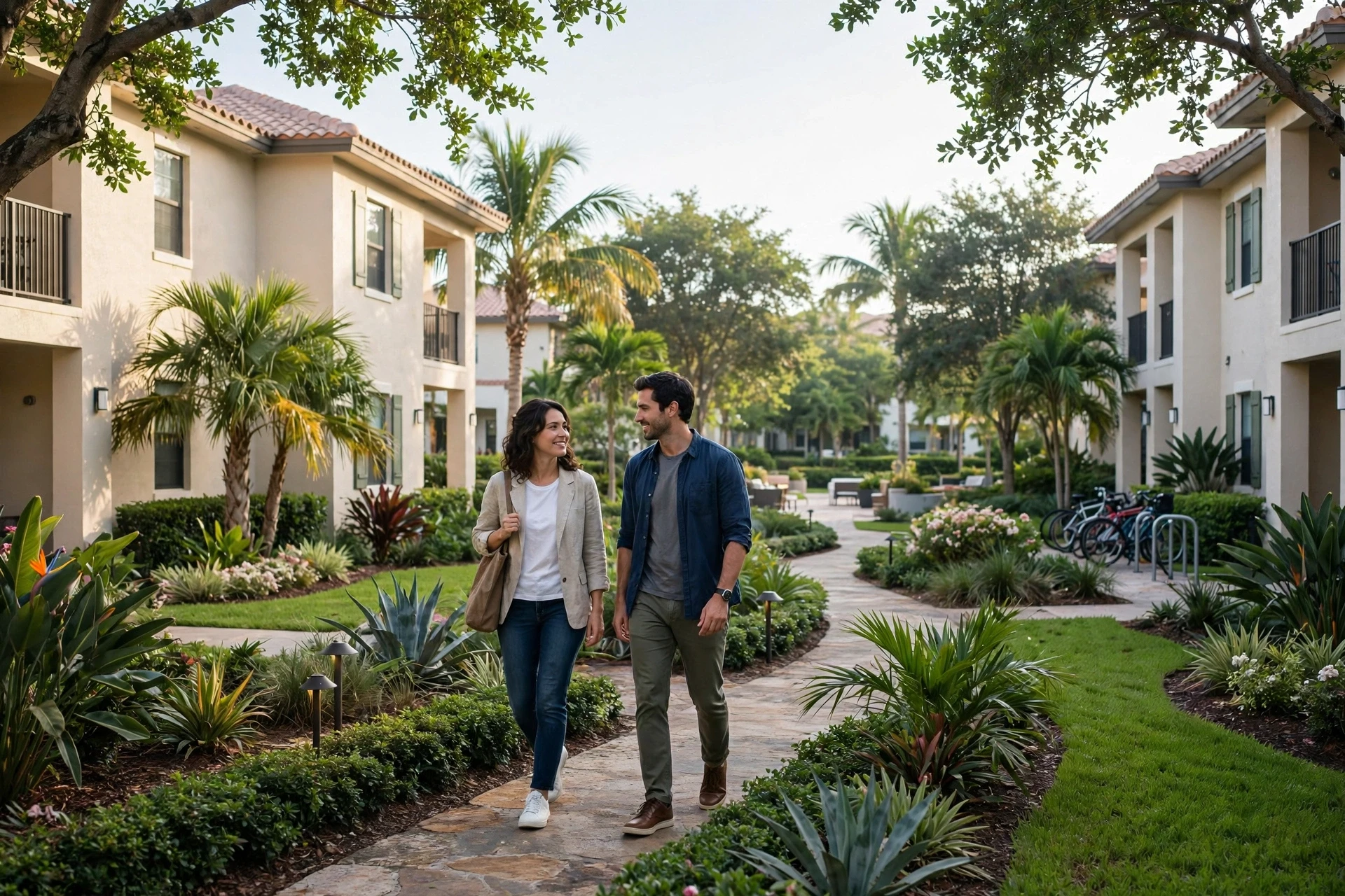Couple walking landscaped garden path at Cynthia Gardens