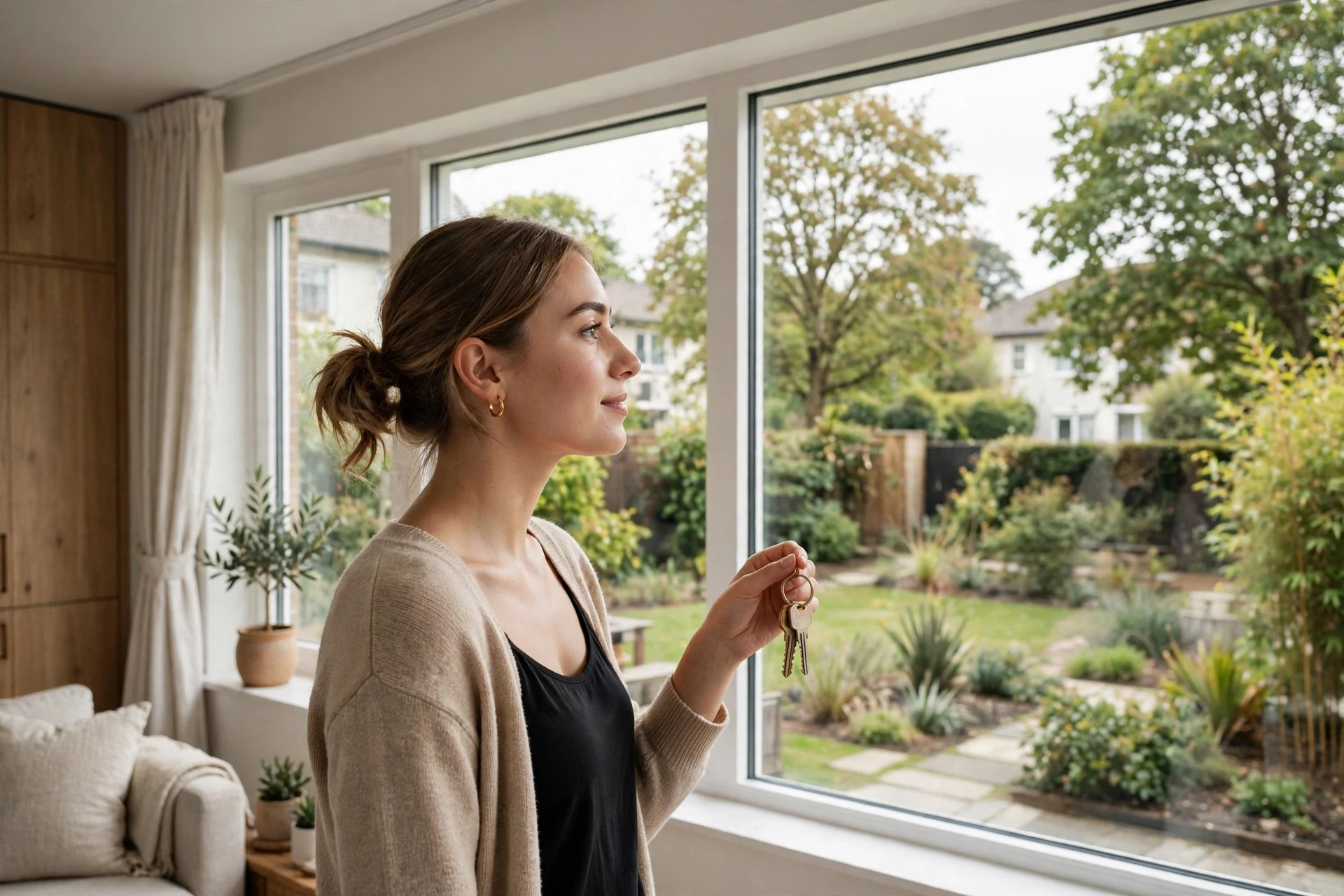 Prospective renter holding keys in garden-view apartment