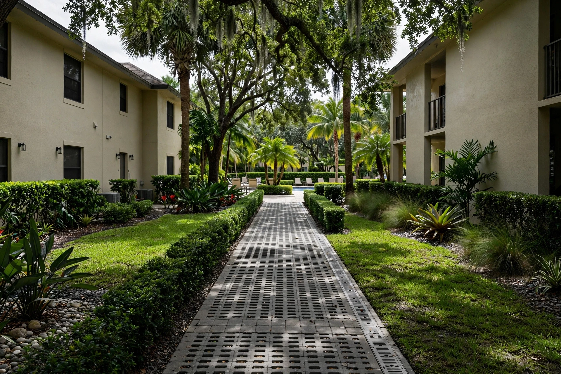 Shaded garden walkway between trimmed hedges