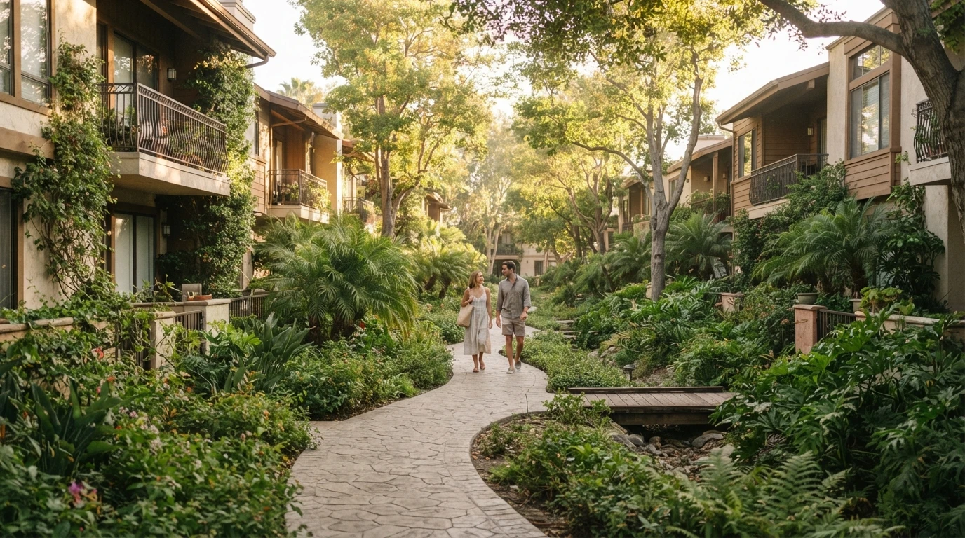 Residents walking along a lush garden path