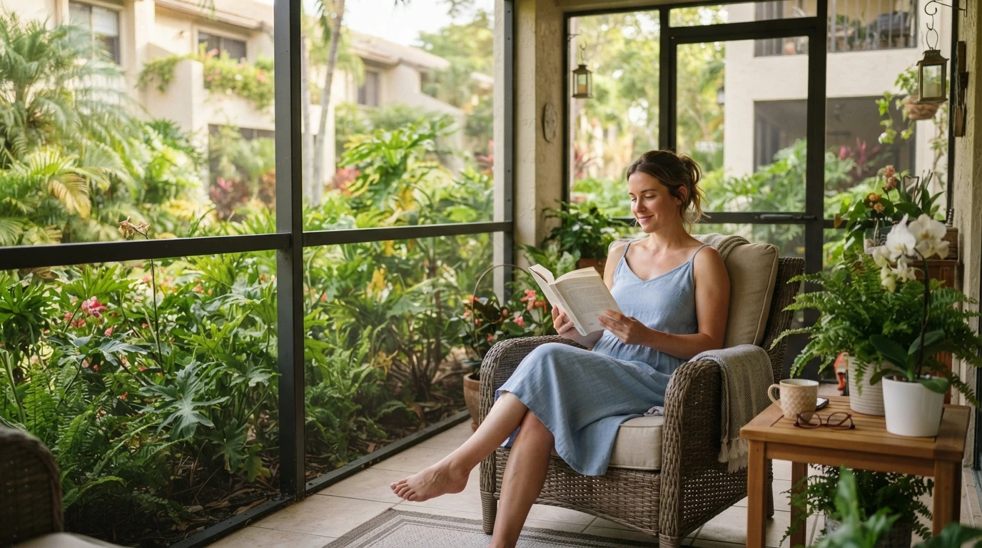 Resident reading on a private patio