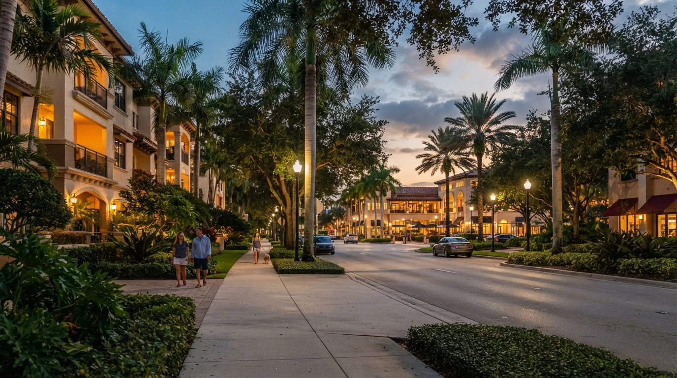Palm lined street leading toward Mizner Park