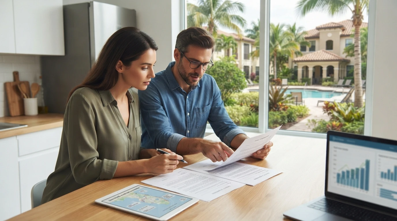 Couple reviewing lease in sunlit apartment