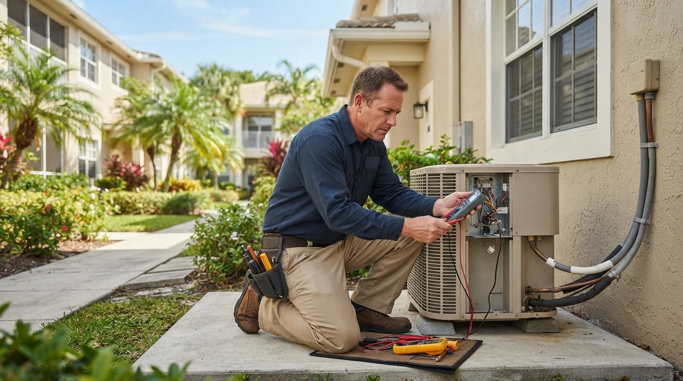 Technician repairing air conditioning unit outdoors