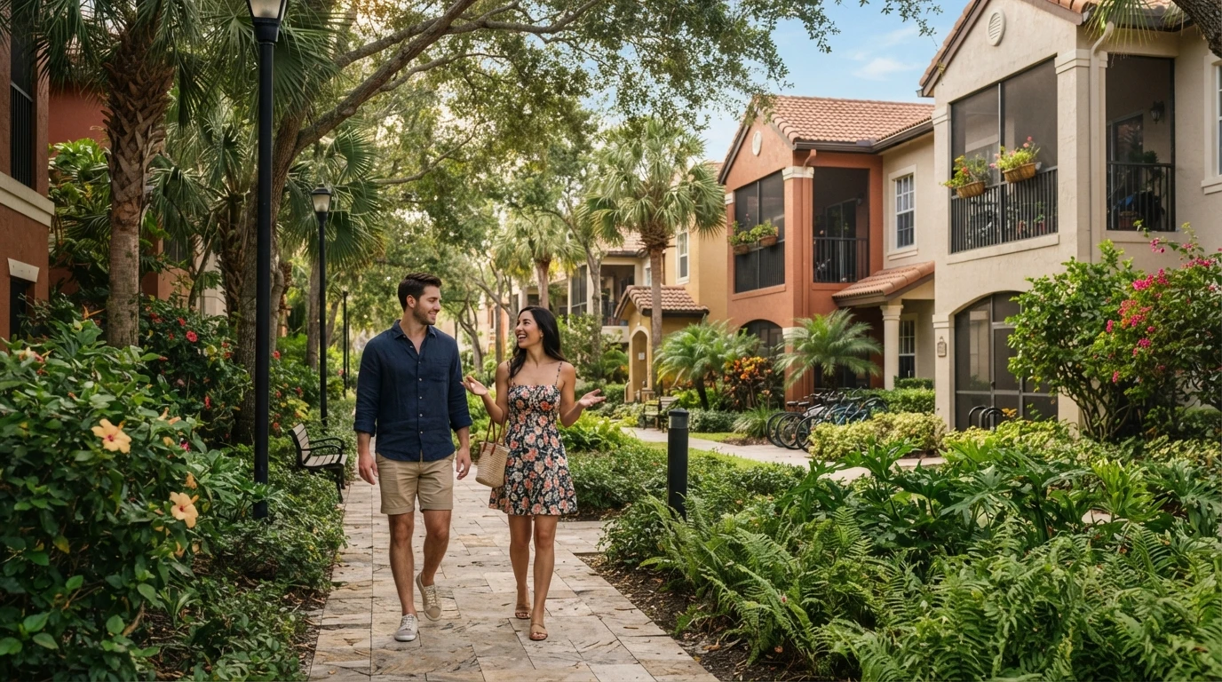 Couple discussing lifestyle on apartment walkway
