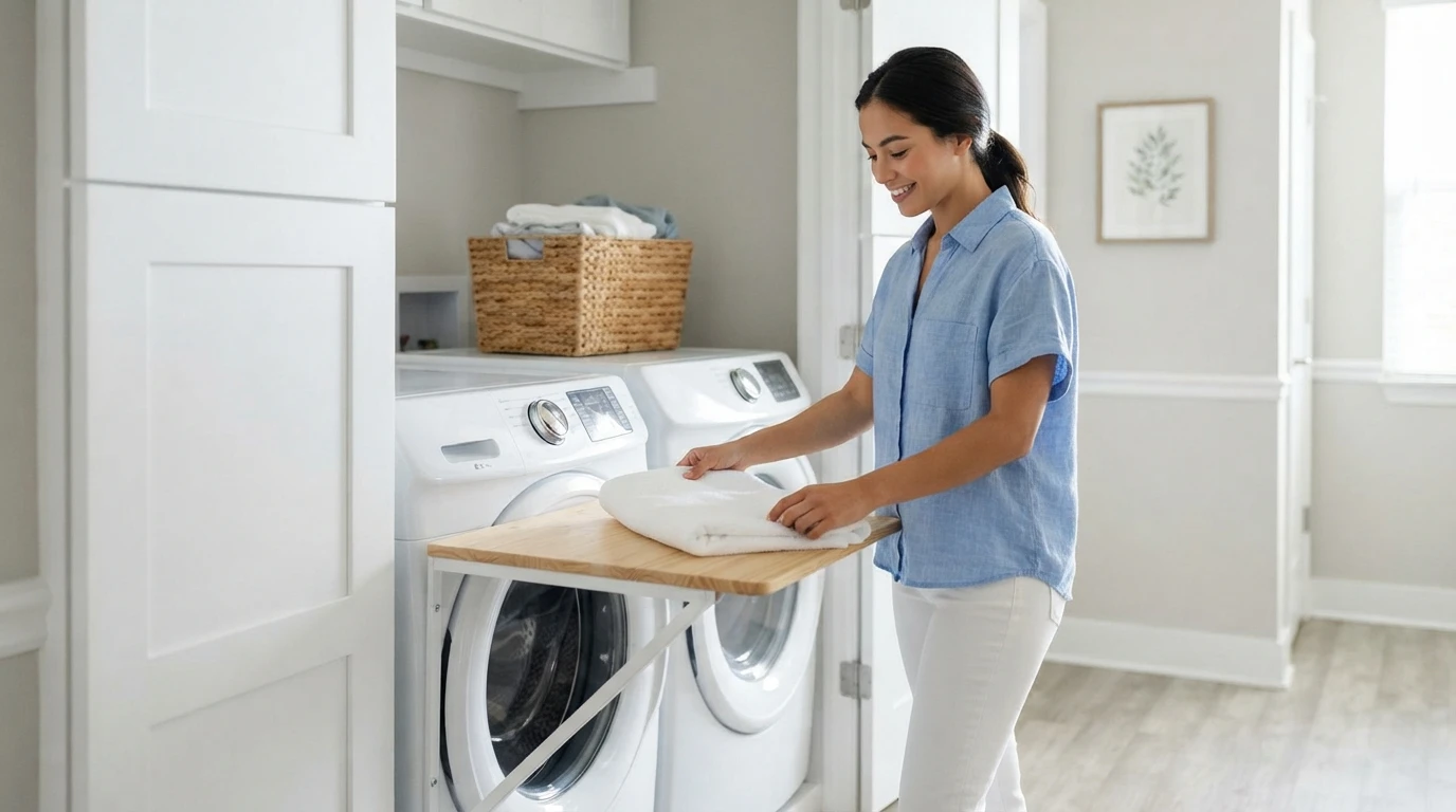Woman folding laundry beside washer and dryer