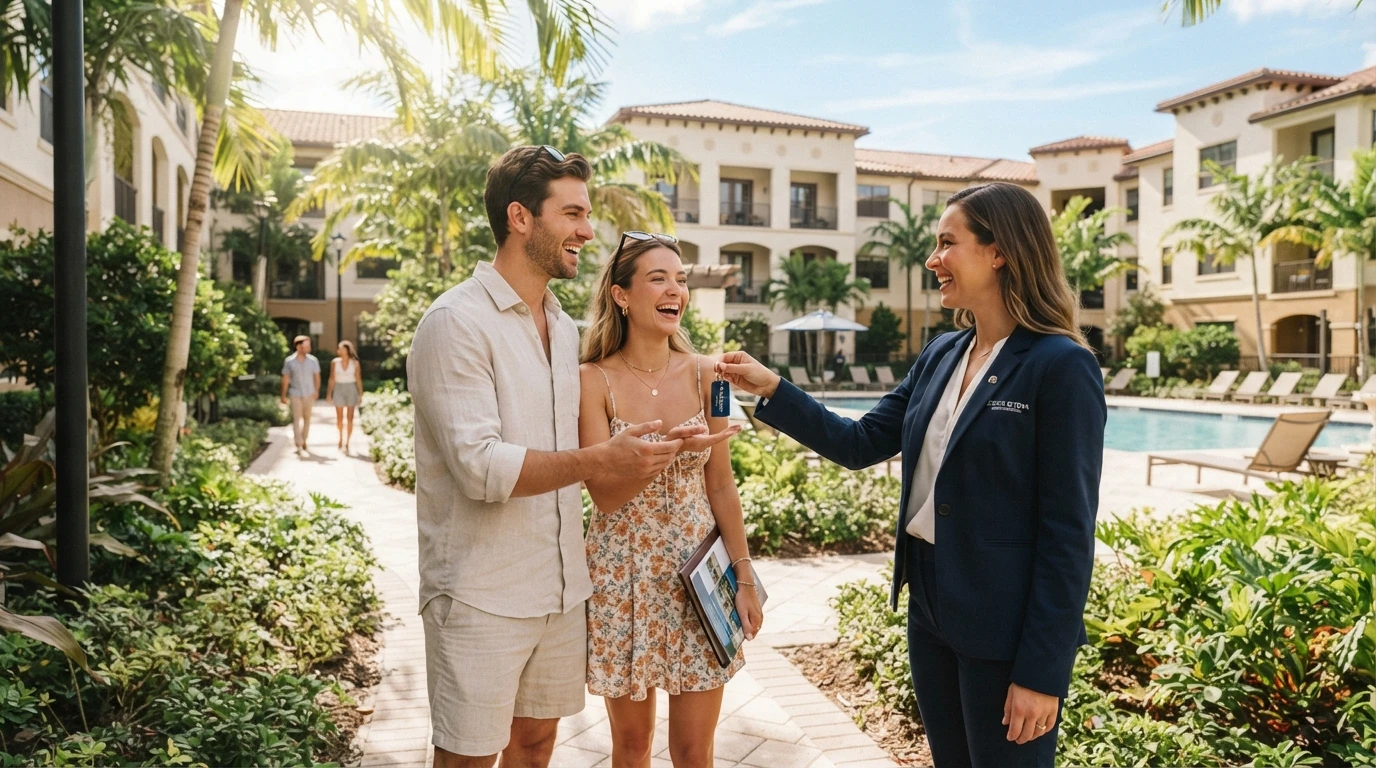 Leasing agent hands keys to couple in sunlit courtyard