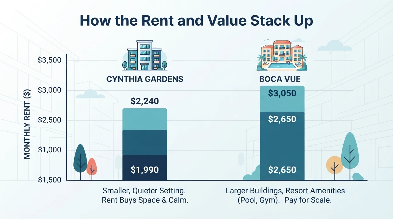 Bar chart comparing Cynthia Gardens and Boca Vue monthly rent