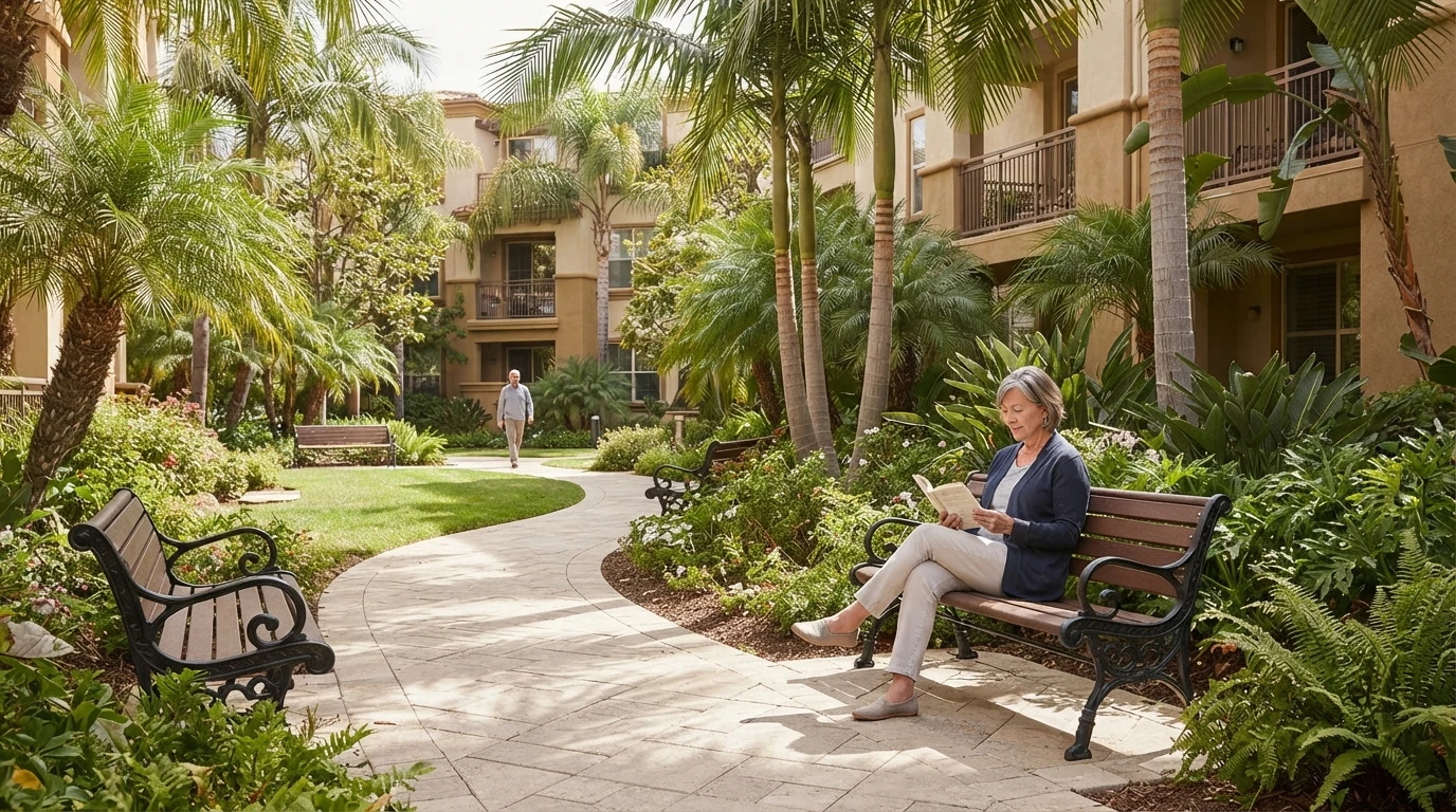 Resident reading on a bench in sunlit garden courtyard