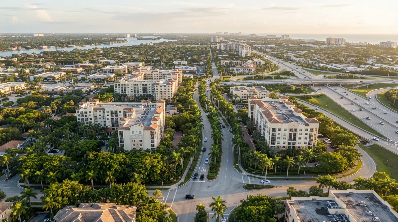 Aerial view of palm-lined Boca Raton streets at dawn