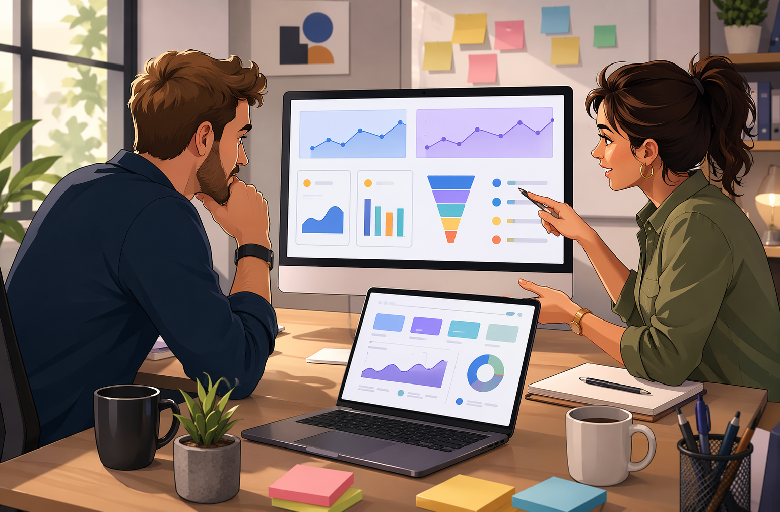 Founder reviewing ad test results with marketer in office