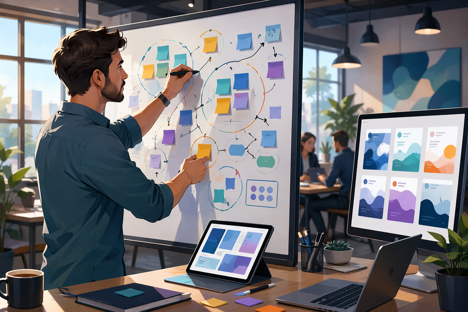 Founder mapping offer angles beside ad drafts in coworking studio