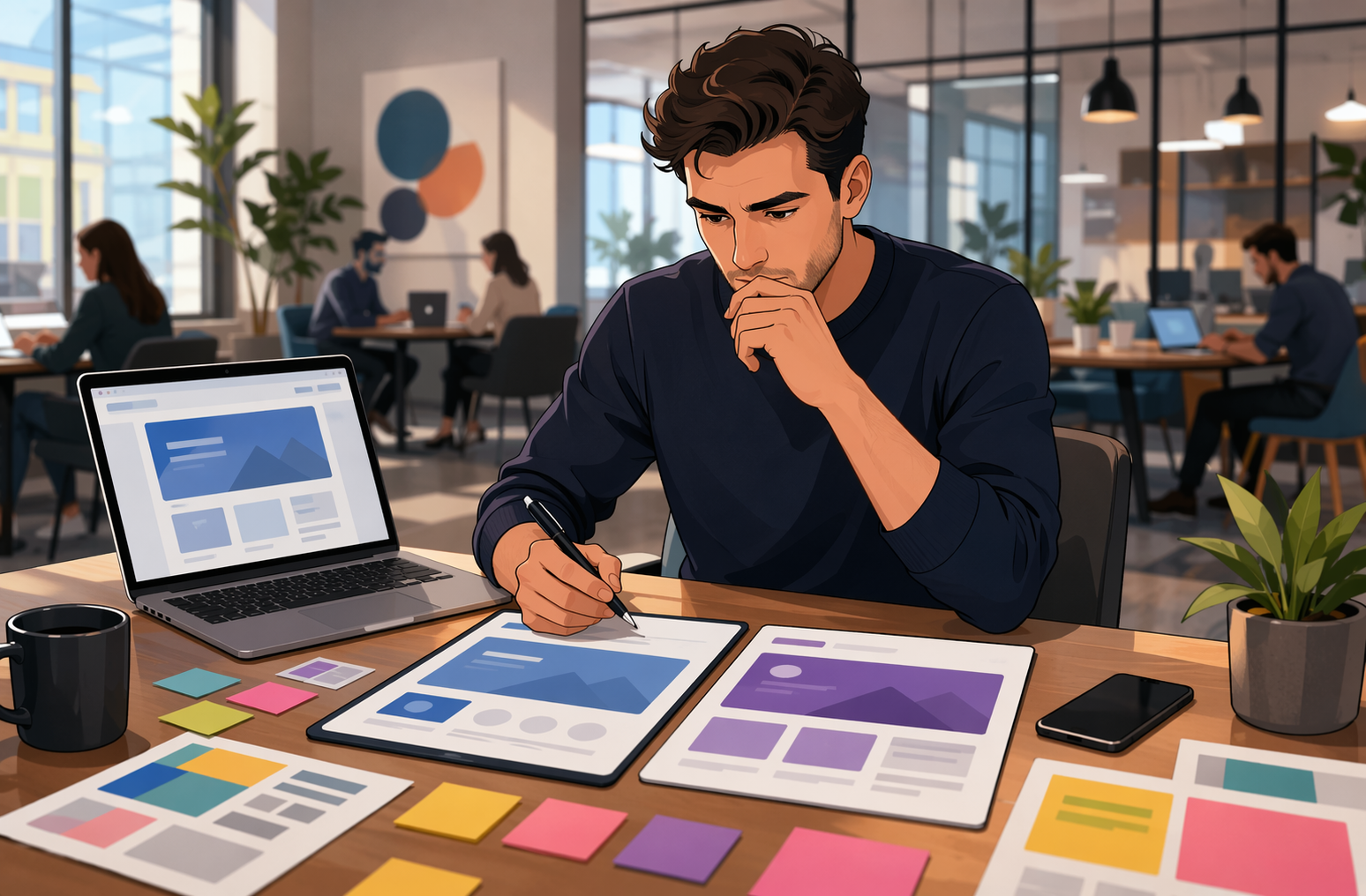 Founder reviewing landing pages at coworking table