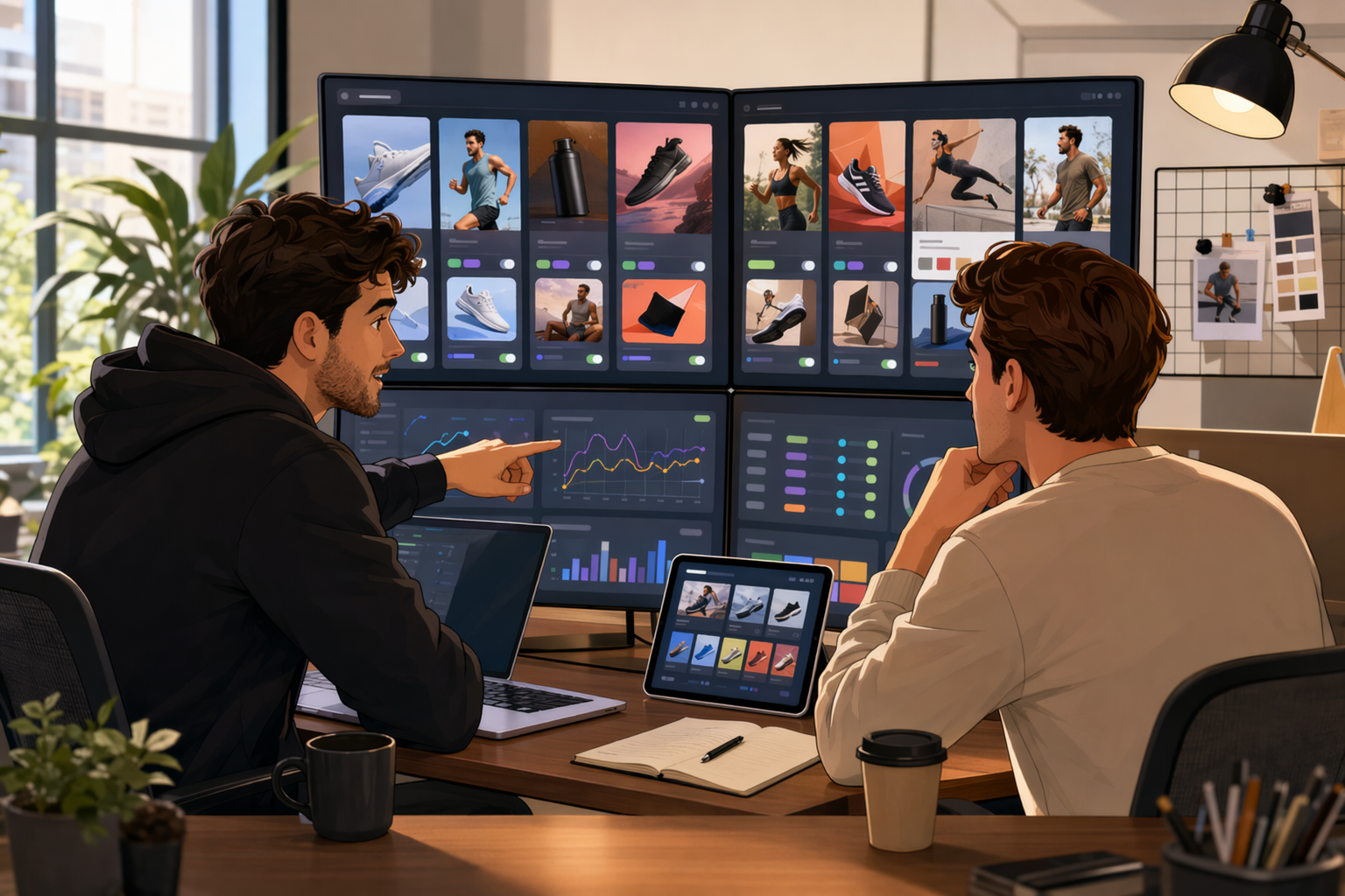 Media buyer and founder reviewing ad variants in office