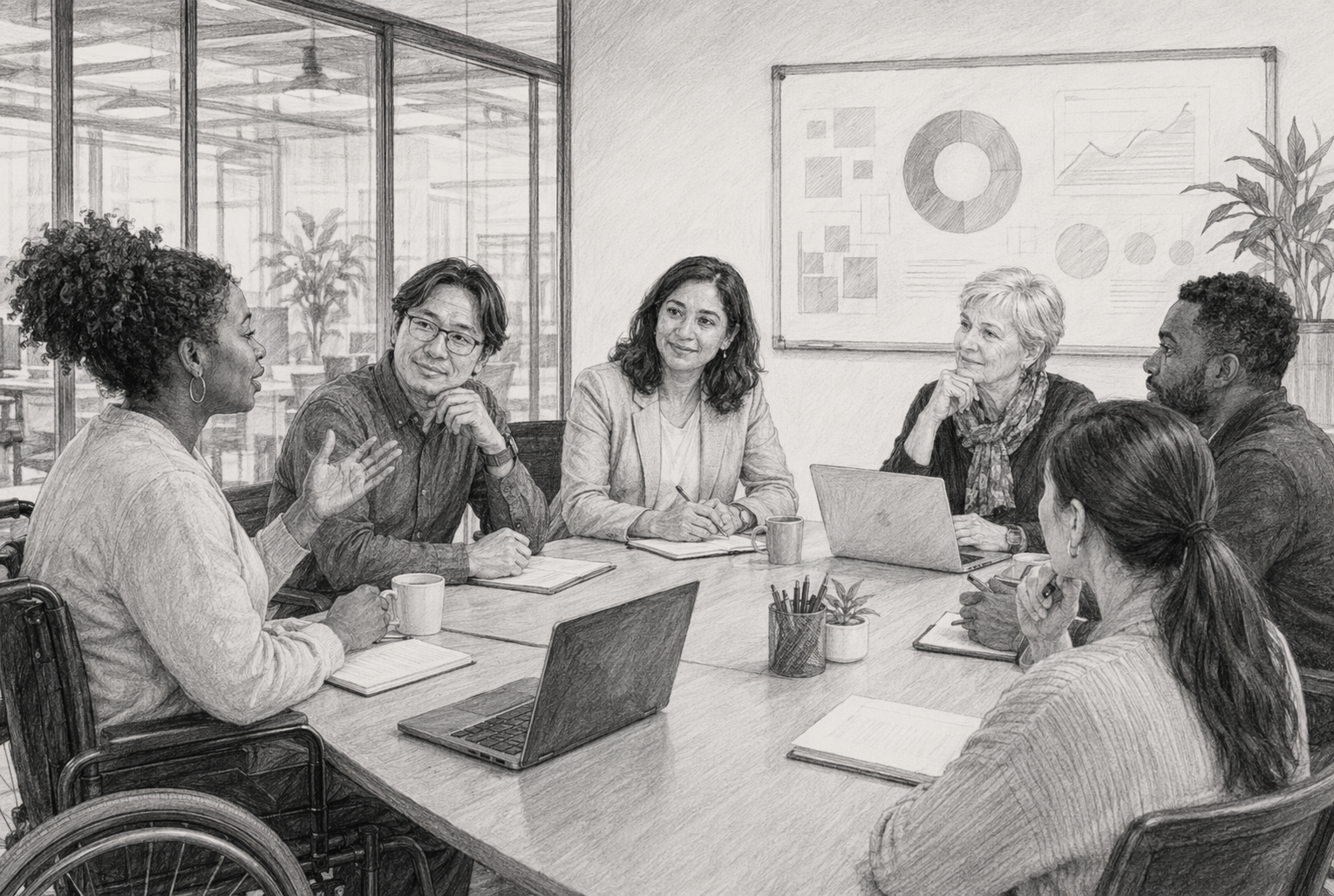 Team leader listening to diverse employees in meeting room