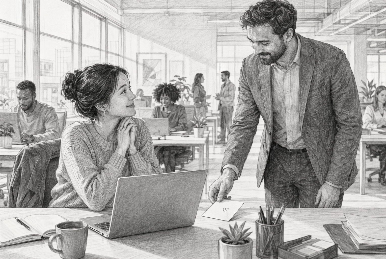 Manager leaves handwritten thank-you note beside employee laptop