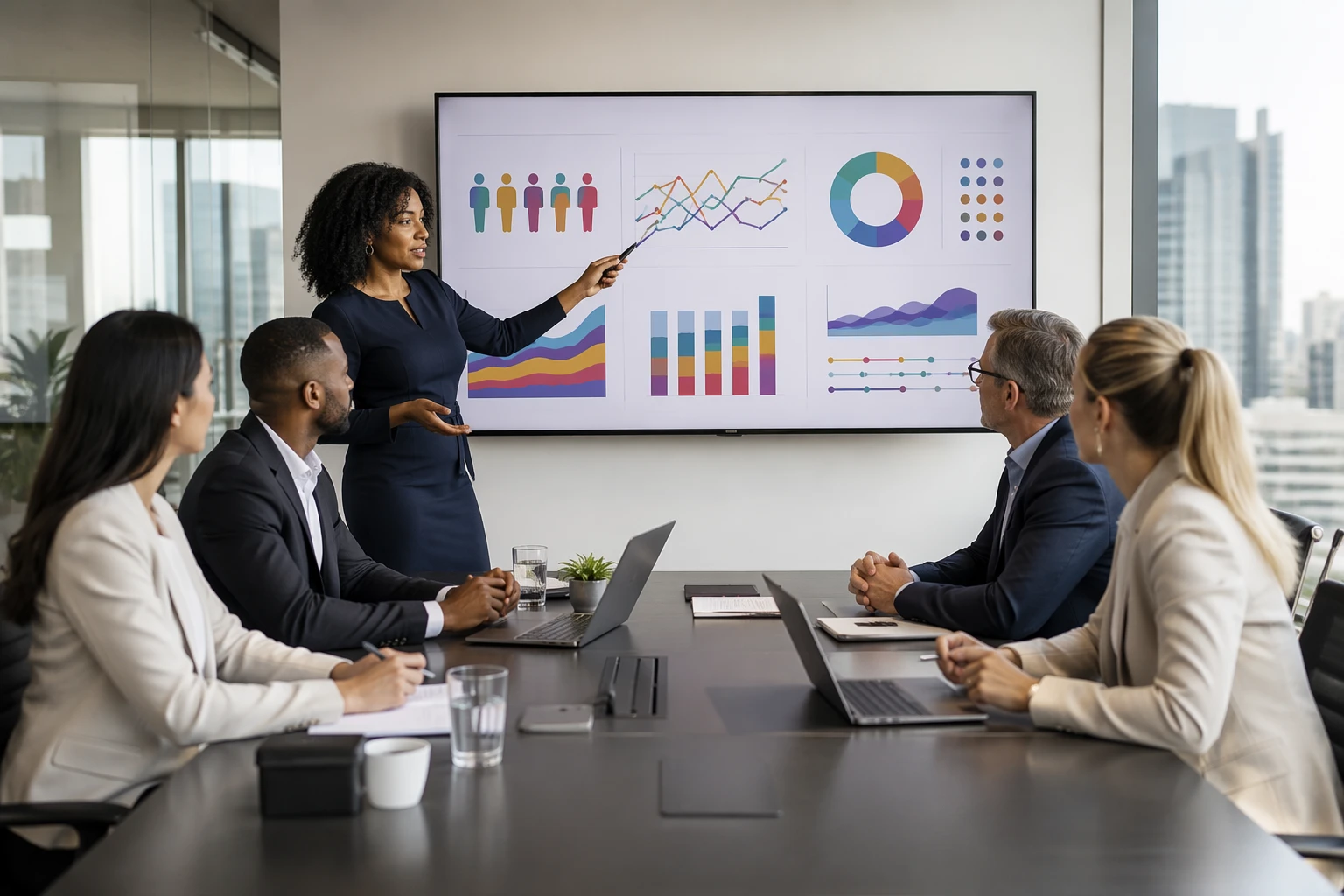 HR leader reviewing ERG retention dashboard with managers in a modern conference room