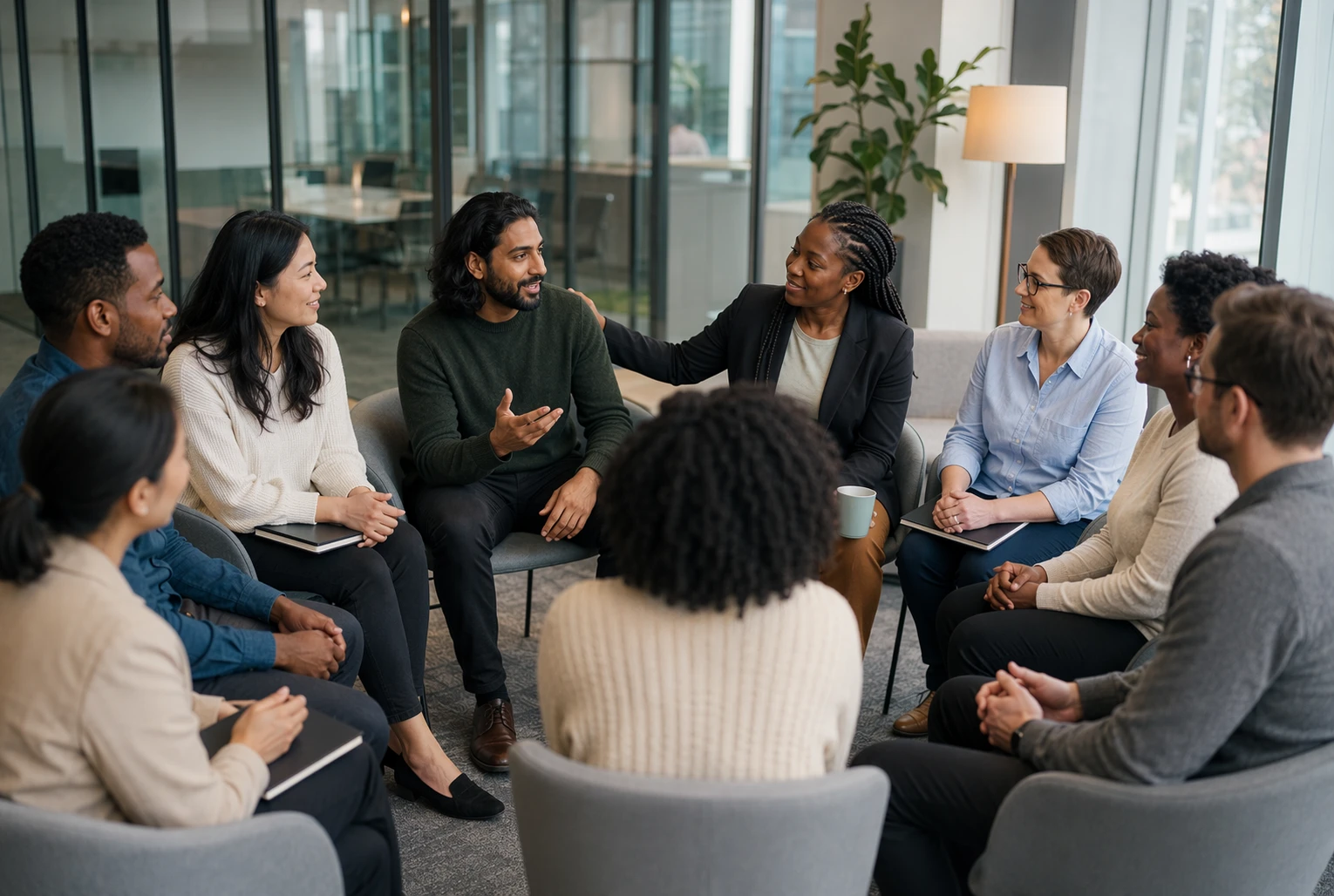 Employees engaged in inclusive ERG discussion in modern office