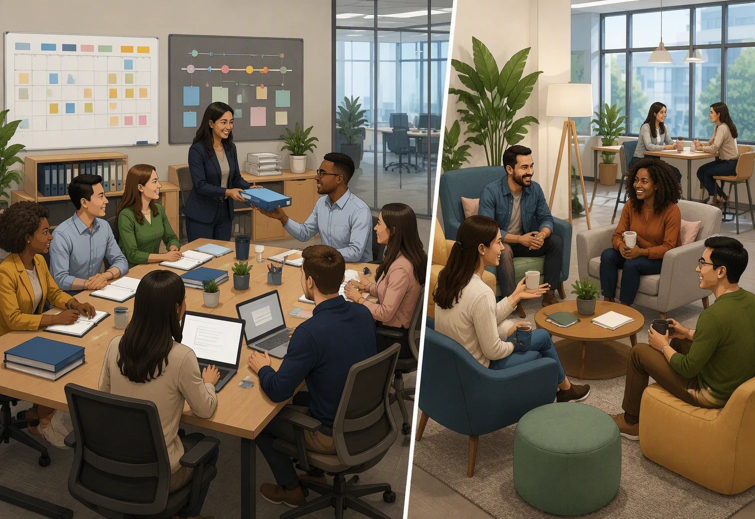 Split scene of formal ERG meeting and informal employee network gathering