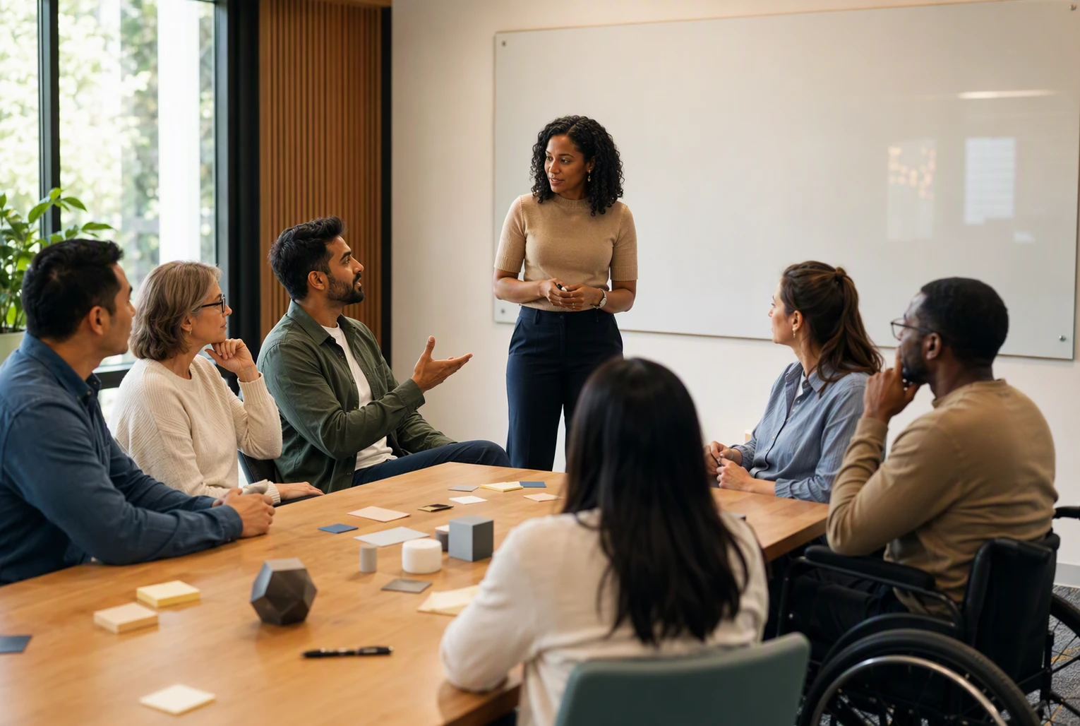 Diverse team engaging in bias-aware dialogue with facilitator