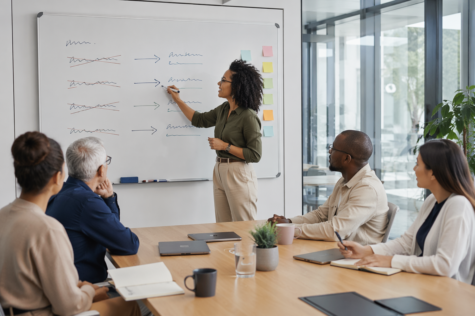 Teamleider herschrijft feedback op whiteboard tijdens inclusieve taaltraining