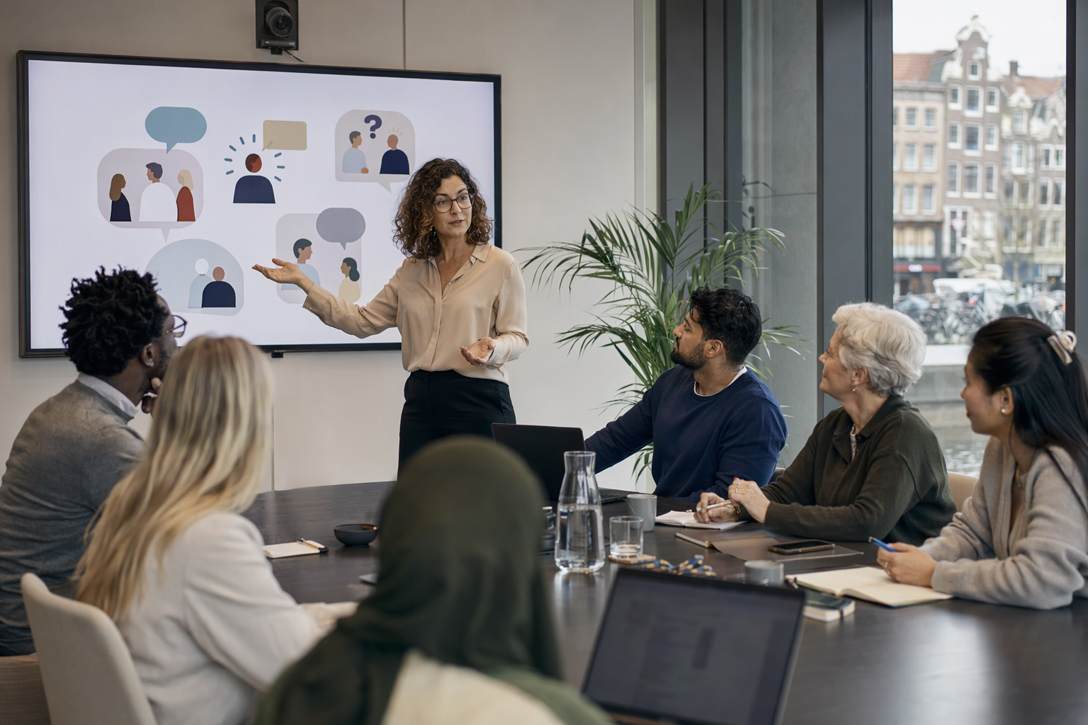 Leidinggevende bespreekt microagressievoorbeelden met divers team