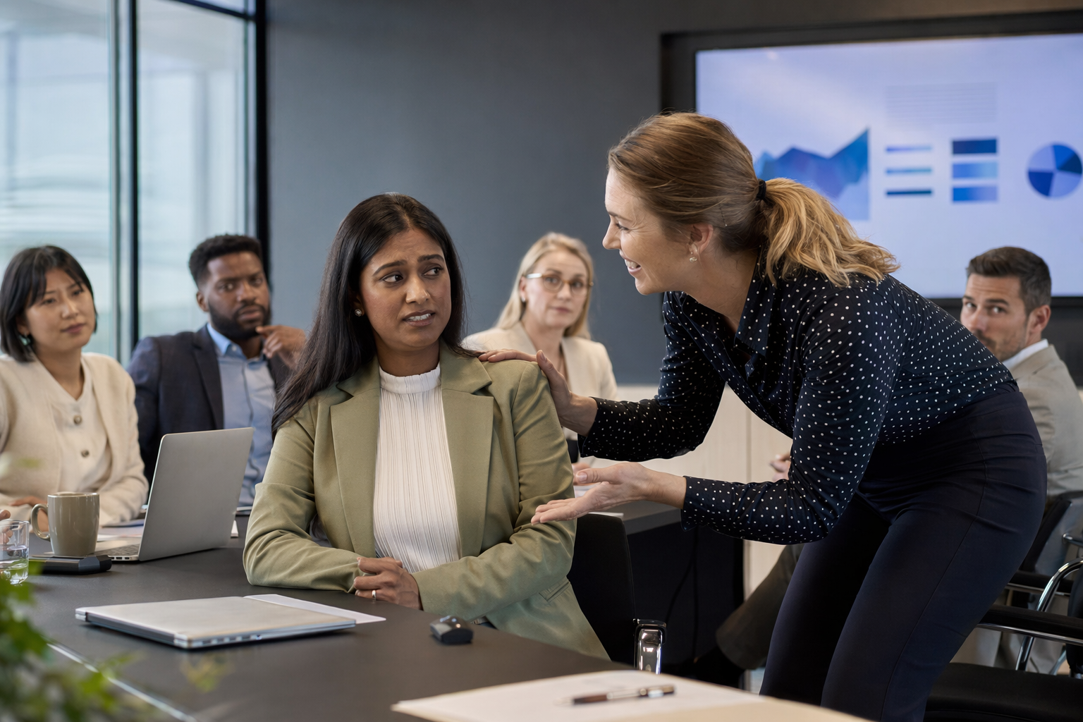 Collega geeft ongemakkelijk compliment na presentatie in vergaderruimte