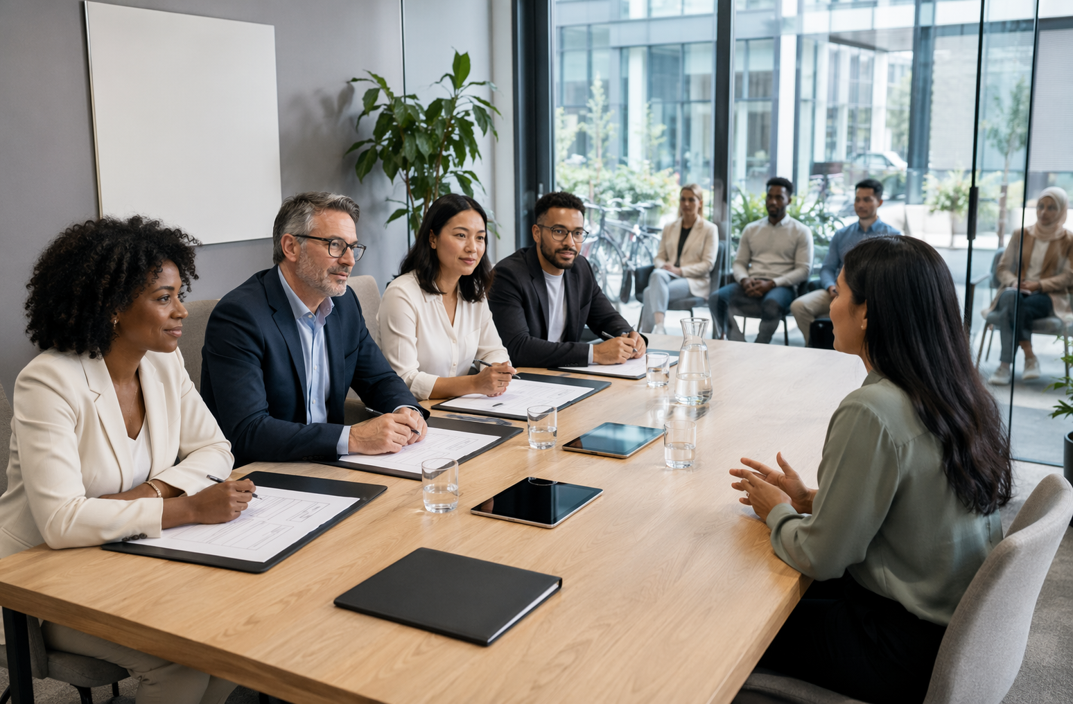 HR-recruiter interviewt diverse kandidaten in modern kantoor