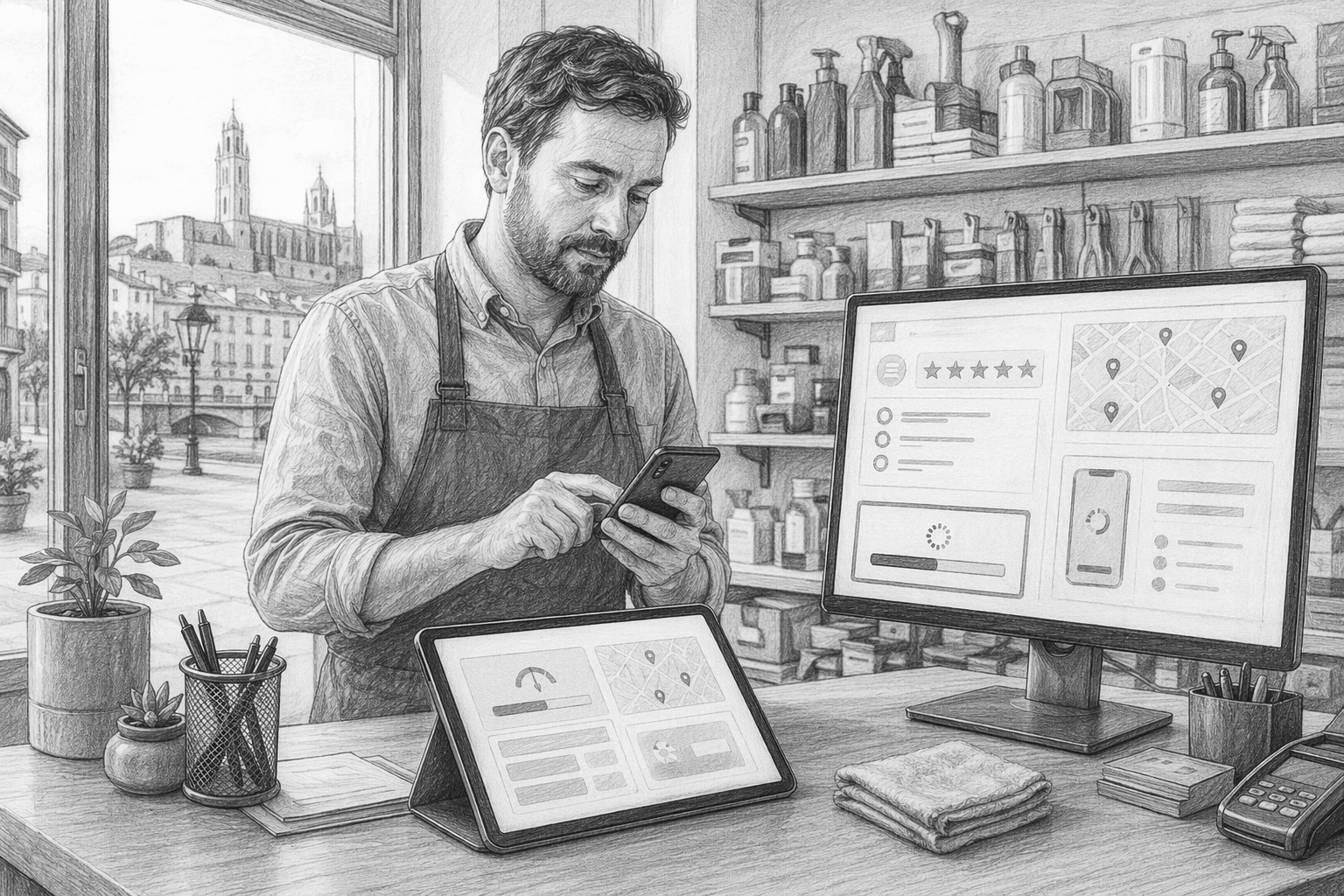 Responsable actualizando reseñas y horarios en tienda Lleida