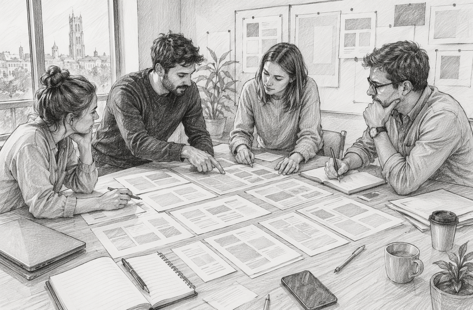 Equipo de marketing revisando calendario editorial en mesa
