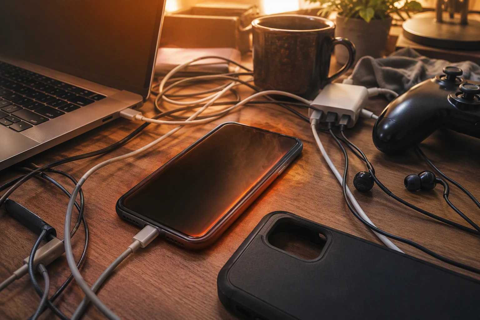 Smartphone charging on cluttered desk with warm laptop and tangled cables