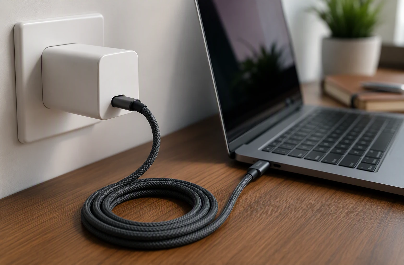 USB-C charger and cable on wooden desk with laptop