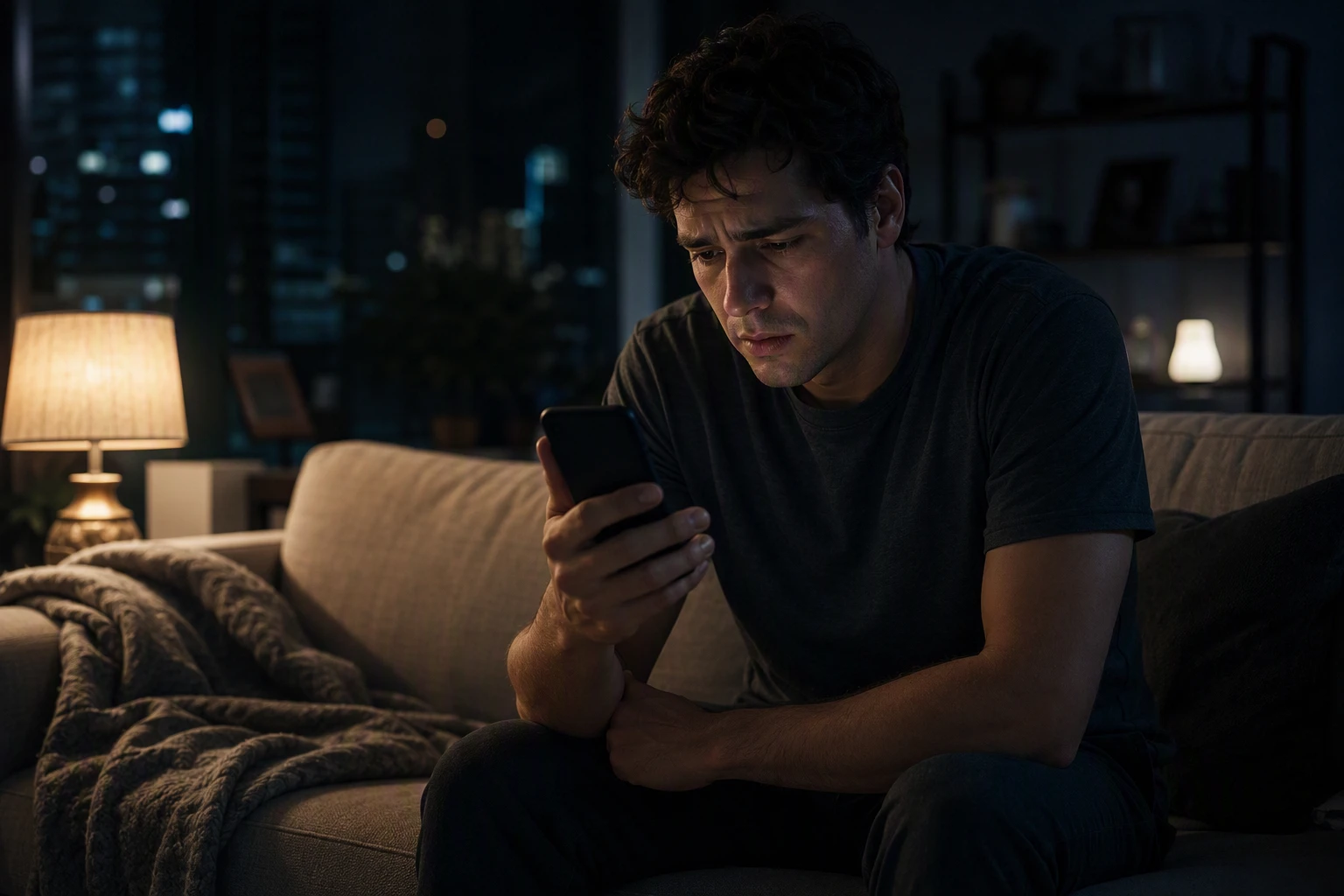 Person looking at a silent phone while fear of abandonment turns relationship distance into anxiety
