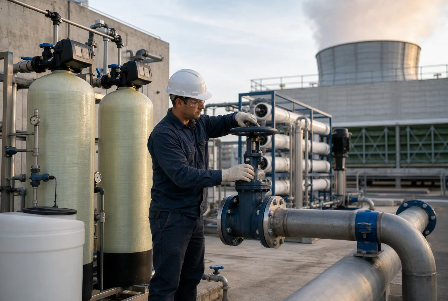Technician inspects water softener valves near cooling tower intake