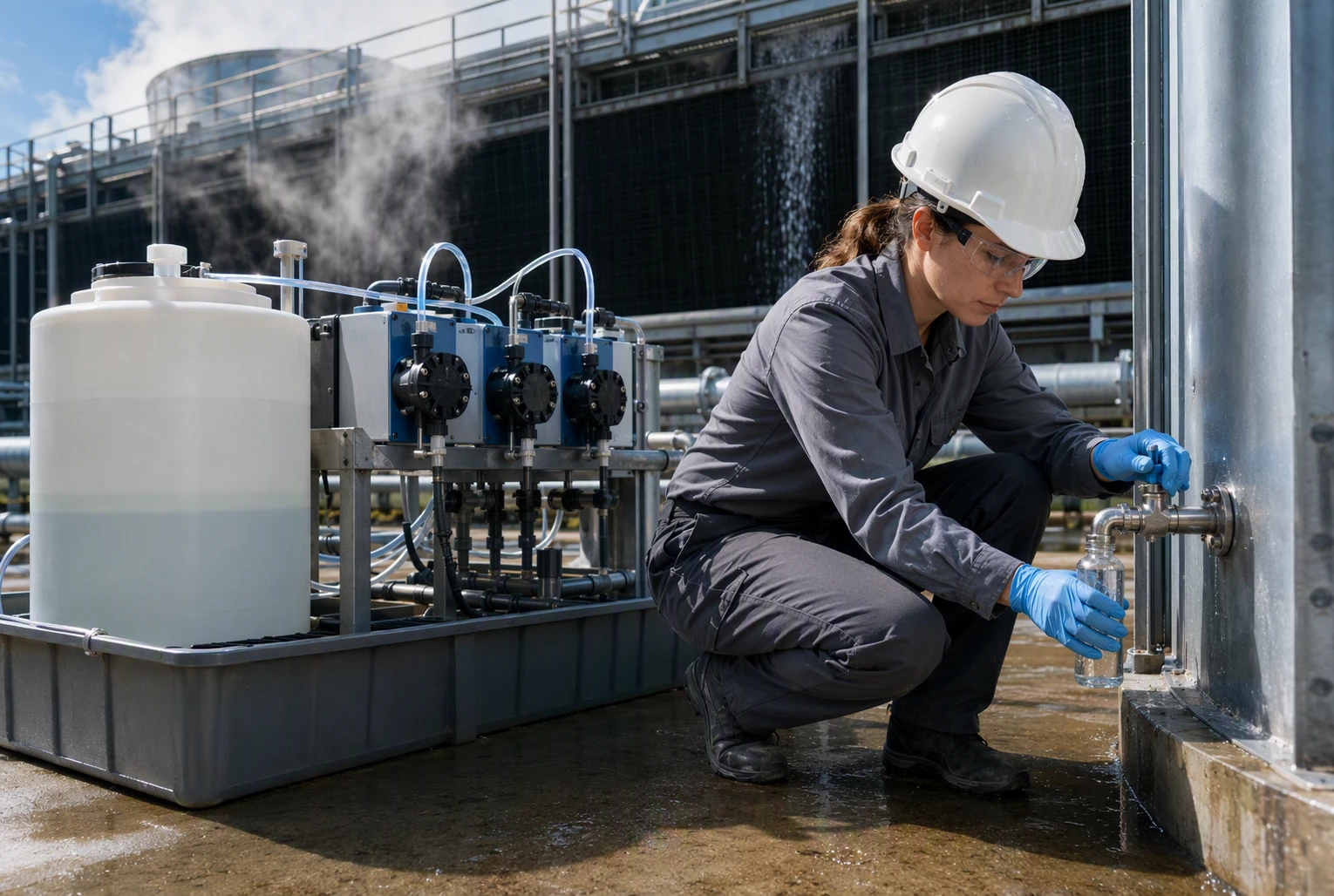 Technician monitors CoolGard chemical treatment in cooling tower