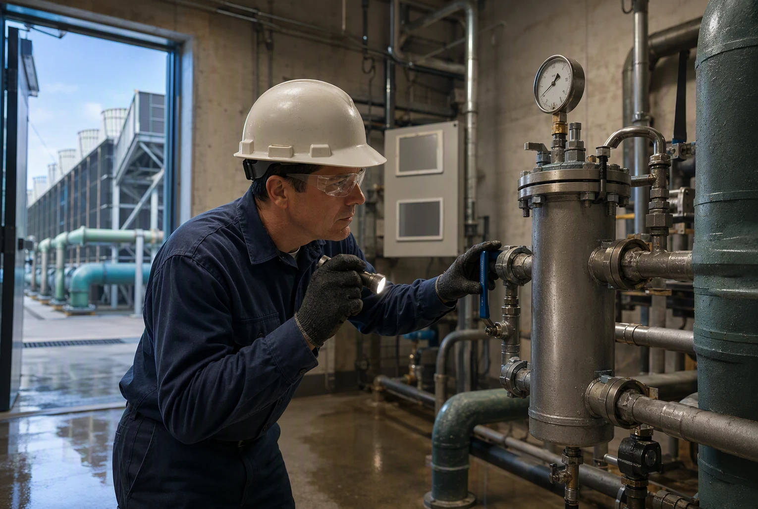 Operator monitoring cooling tower filter pressure gauge