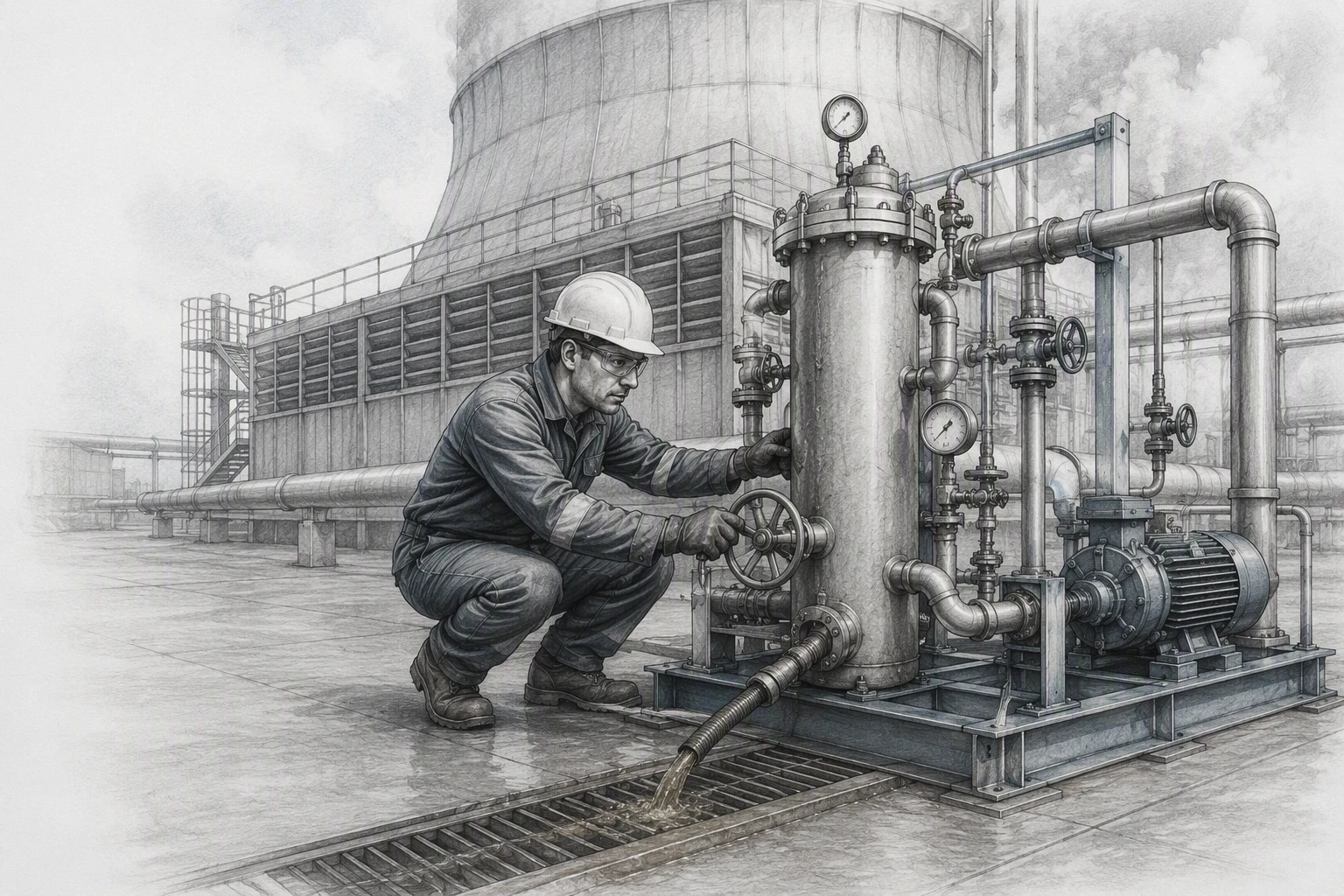Technician inspecting side-stream filter beside cooling tower skid