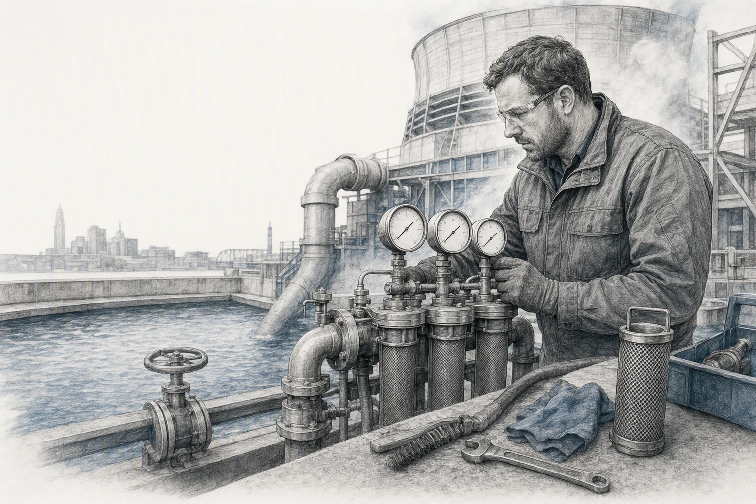 Technician assessing filtration metrics beside industrial cooling basin