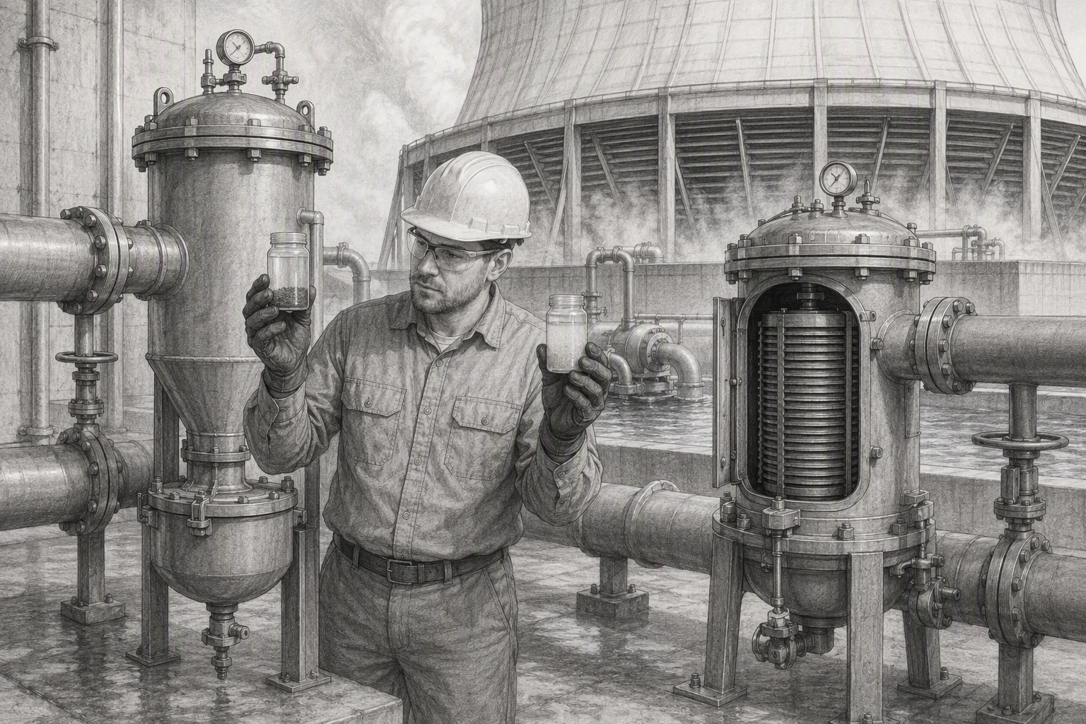 Engineer comparing disc filter and centrifugal separator near cooling tower pipes